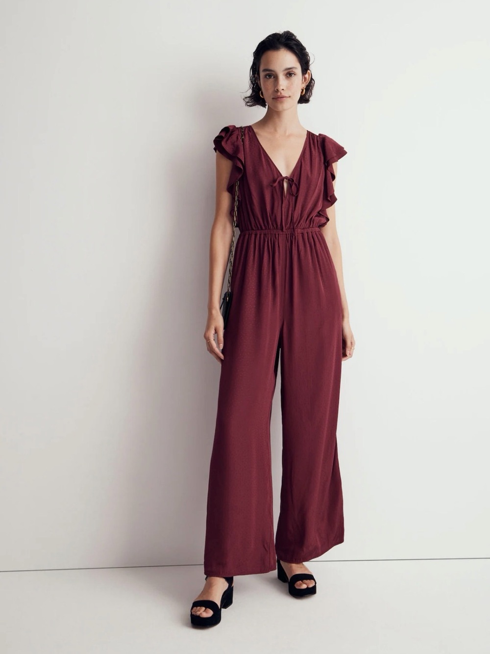 Jacquard Deep-V Ruffled Jumpsuit